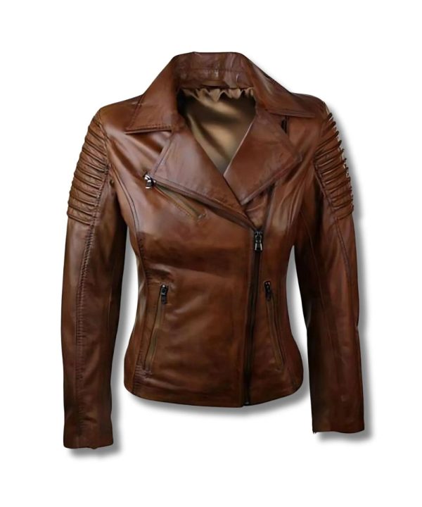 Womens Cafe Racer Biker Leather Jacket Brown