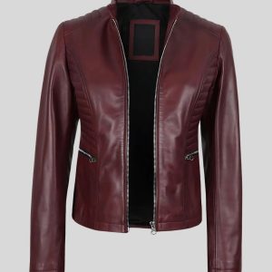 Womens Cafe Racer Burgundy Leather Jacket