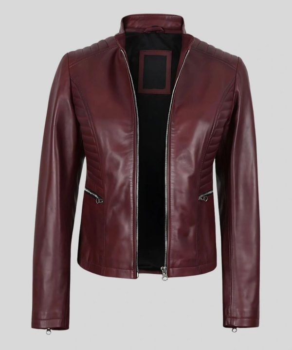 Womens Cafe Racer Burgundy Leather Jacket
