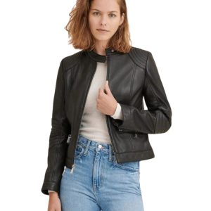 Womens Cafe Racer Genuine Lambskin Black Leather Jacket