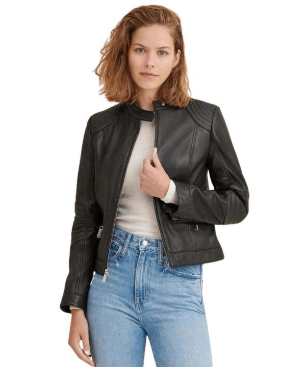 Womens Cafe Racer Genuine Lambskin Black Leather Jacket