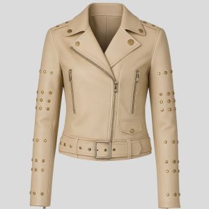 Womens Classic Biker Studded Beige Jacket