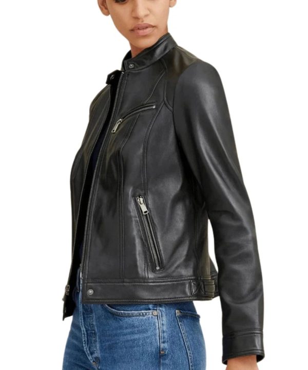 Womens Classic Black Moto Leather Bomber Jacket