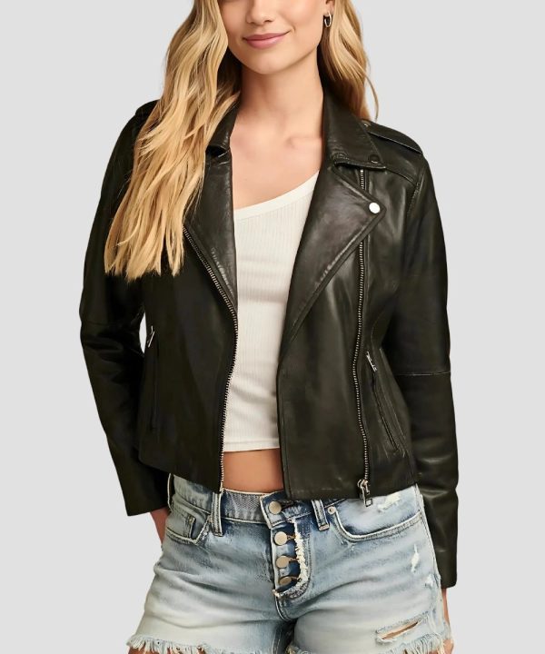 Womens Classic Leather Moto Jacket Black