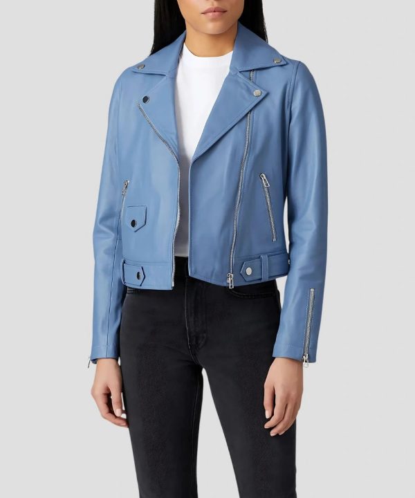 Womens Classic Light Blue Leather Moto Jacket