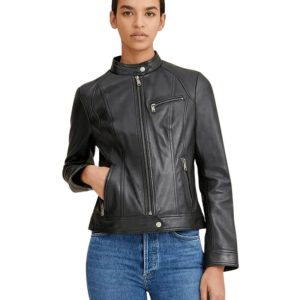 Womens Classic Moto Black Leather Bomber Jacket