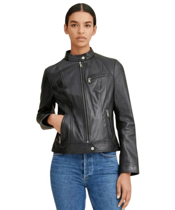 Womens Classic Moto Black Leather Bomber Jacket