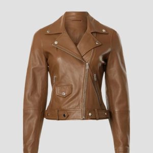 Womens Classic Toffee Moto Leather Bomber Jacket