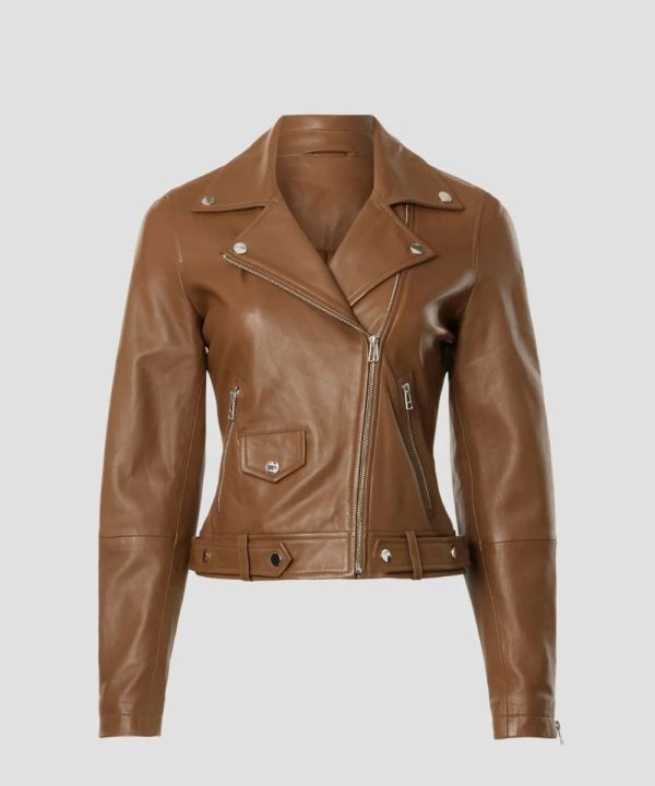 Womens Classic Toffee Moto Leather Bomber Jacket