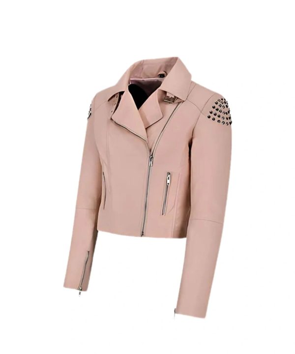 Womens Cropped Skull Studded Biker Leather Jacket Pink