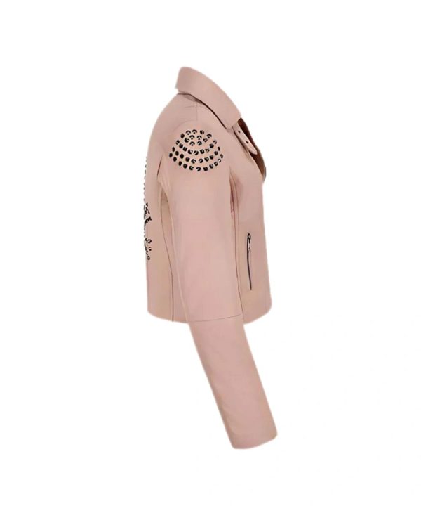 Womens Cropped Skull Studded Leather Biker Jacket Pink