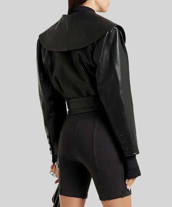 Womens Cropped Textured Leather Jacket Black