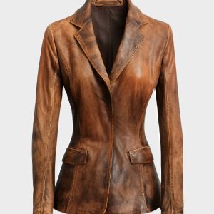 Womens Designer Brown Waxed Leather Blazer
