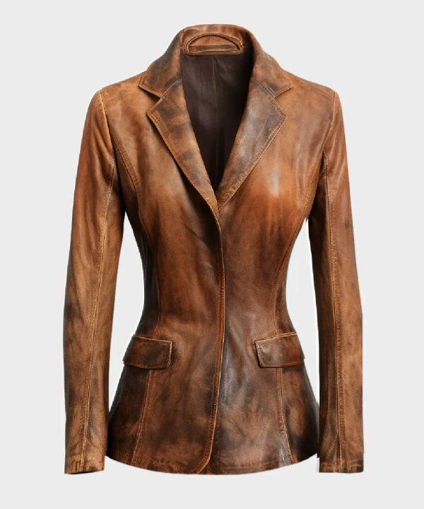 Womens Designer Brown Waxed Leather Blazer
