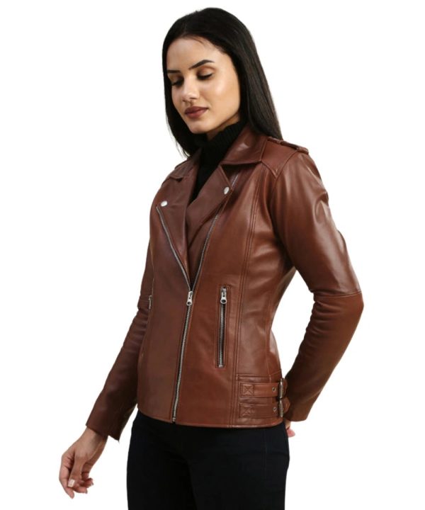Womens Distressed Biker Hazel Brown Leather Bomber Jacket