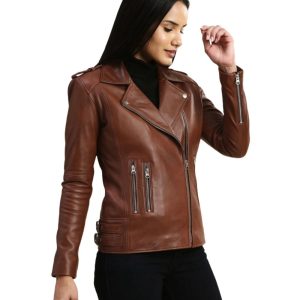 Womens Distressed Biker Leather Bomber Jacket Hazel Brown