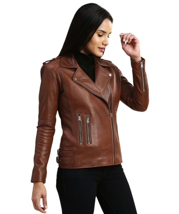 Womens Distressed Biker Leather Bomber Jacket Hazel Brown