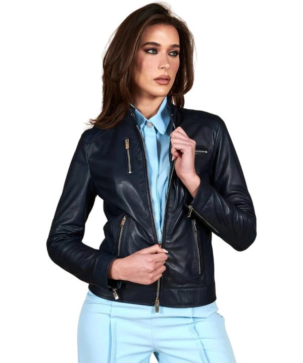 Womens Distressed Biker Leather Bomber Jacket Navy blue