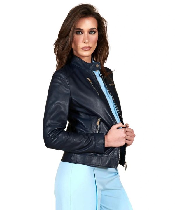 Womens Distressed Biker Leather Bomber Navy blue Jacket