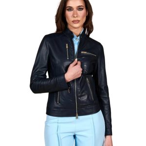 Womens Distressed Biker Navy blue Leather Bomber Jacket
