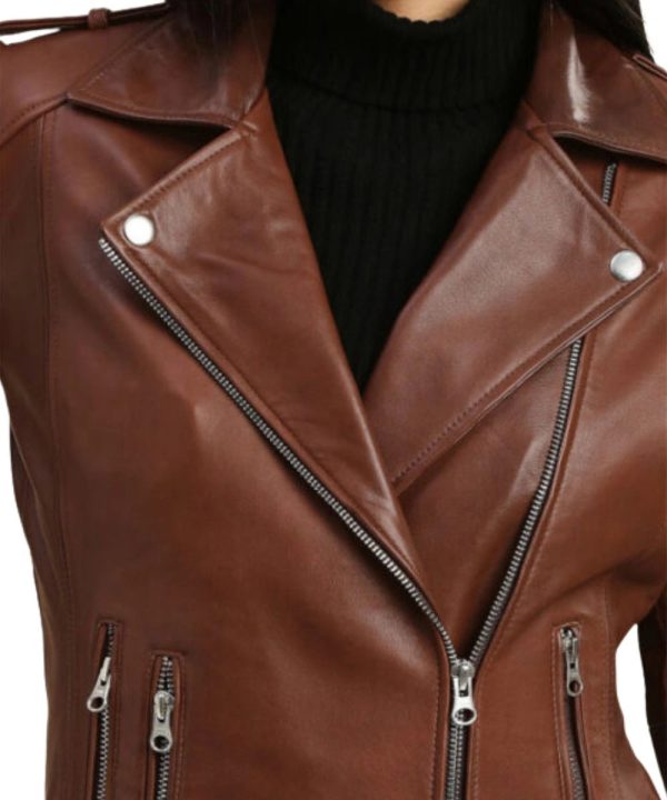 Womens Distressed Hazel Brown Biker Leather Jacket