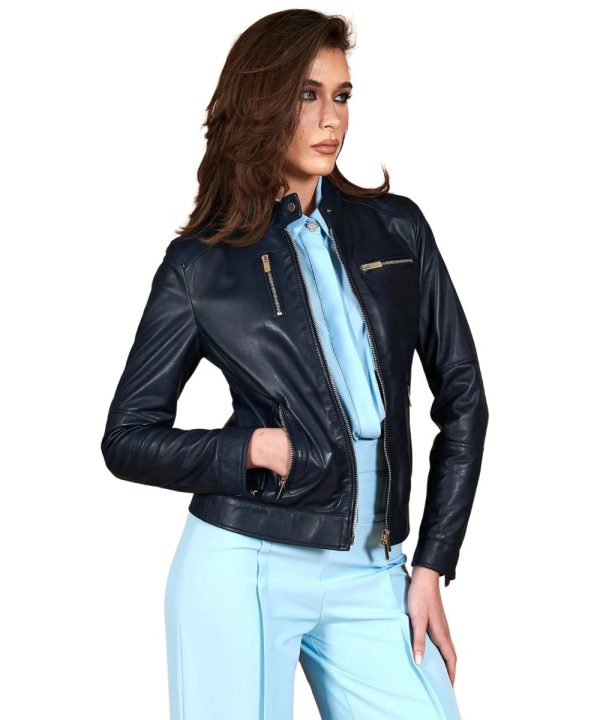Womens Distressed Navy blue Biker Leather Bomber Jacket