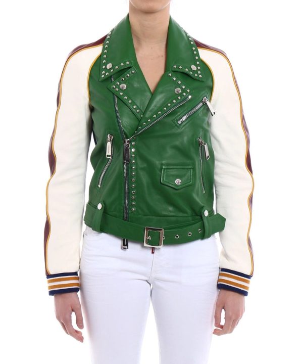 Womens Dsquared2 Scout Studded Biker Jacket Green White