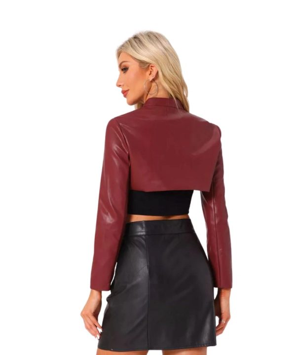 Womens Faux Leather Crop Motor Biker Long Sleeve Jacket Red