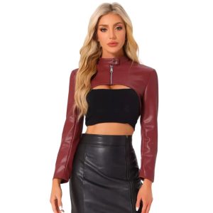 Womens Faux Leather Crop Motorcycle Biker Long Sleeve Jacket Red