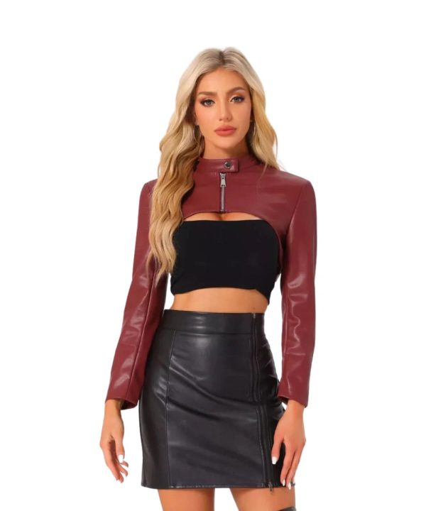 Womens Faux Leather Crop Motorcycle Biker Long Sleeve Jacket Red