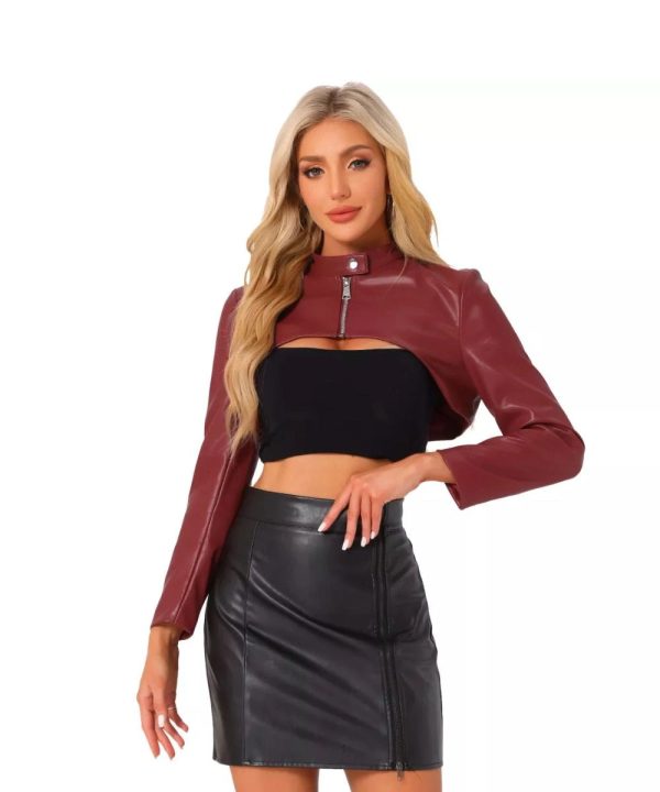 Womens Faux Leather Cropped Moto Biker Long Sleeve Jacket Red