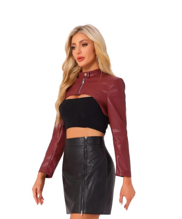 Womens Faux Leather Cropped Motorcycle Biker Long Sleeve Jacket Red