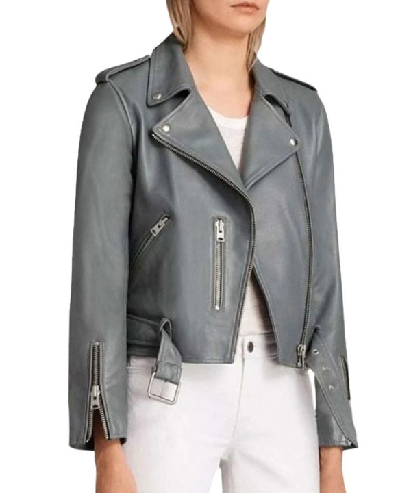 Womens Grey Motorcycle Biker Leather Bomber Jacket