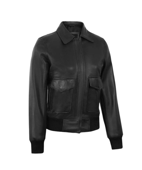 Womens Harrington Real Leather Bomber Jacket Black