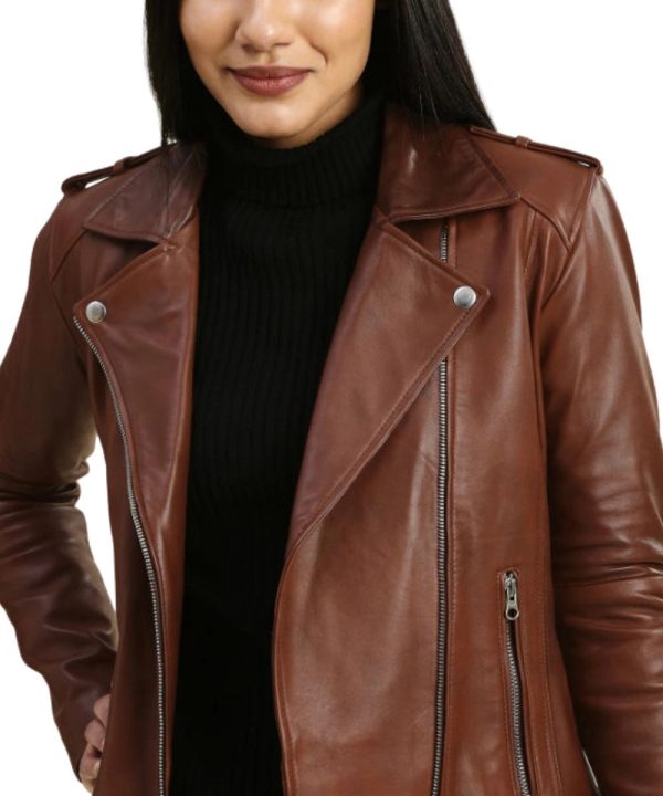 Womens Hazel Brown Distressed Biker Leather Jacket