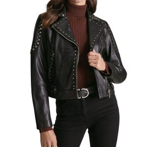 Womens Karen Millen Studded Biker Leather Bomber Jacket Black