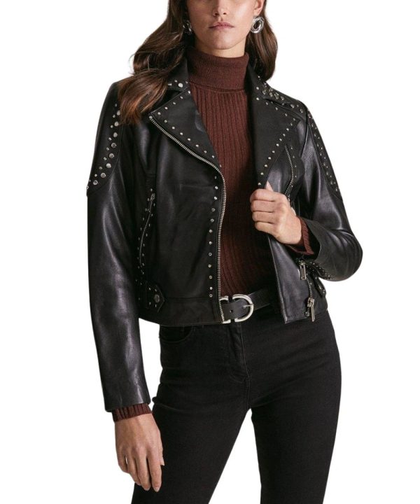 Womens Karen Millen Studded Biker Leather Bomber Jacket Black