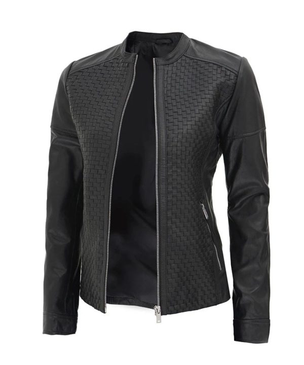 Womens Leather Bomber Cafe Racer Textured Jacket Black