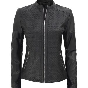 Womens Leather Cafe Racer Textured Jacket Black