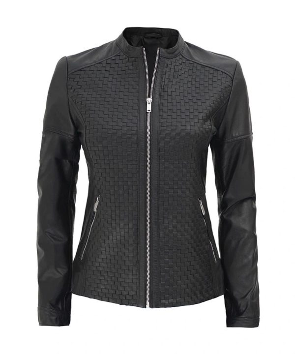 Womens Leather Cafe Racer Textured Jacket Black
