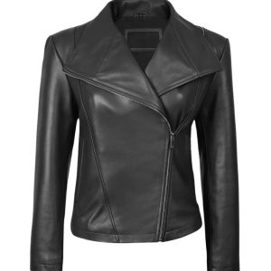 Womens Montagna Wide Collar Asymmetrical Biker Leather Jacket Black