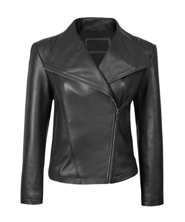 Womens Montagna Wide Collar Asymmetrical Biker Leather Jacket Black