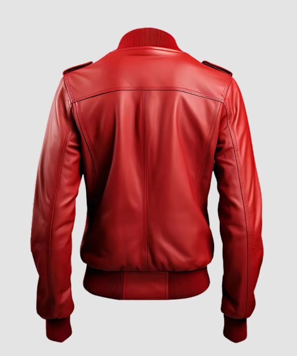 Womens Moto Red Bomber Leather Jacket With Strap Pockets