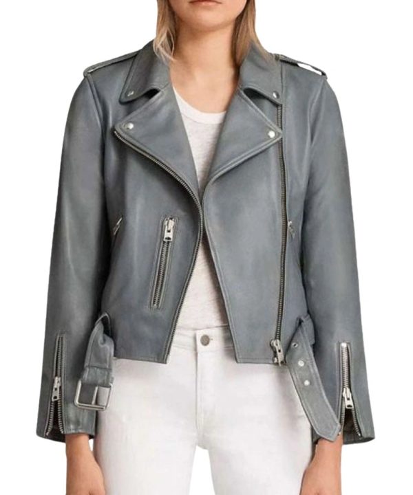 Womens Motorcycle Biker Leather Bomber Jacket Grey