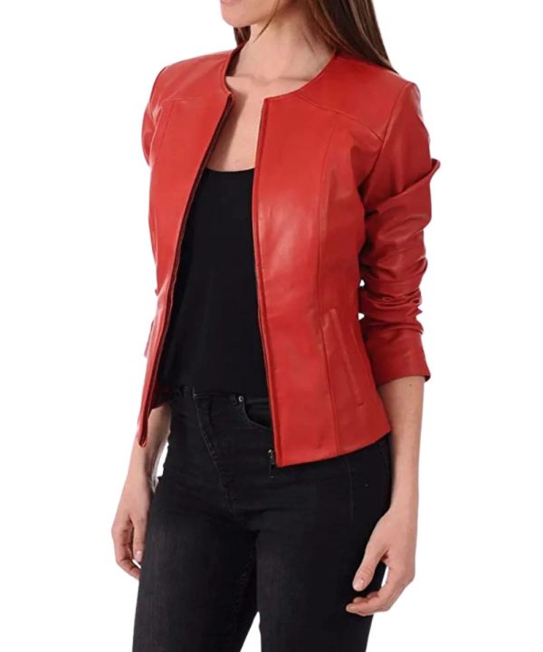 Womens Motorcycle Biker Leather Bomber Jacket Red