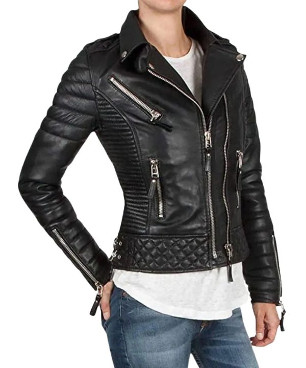 Womens Motorcycle Black Lambskin Leather Bomber Jacket