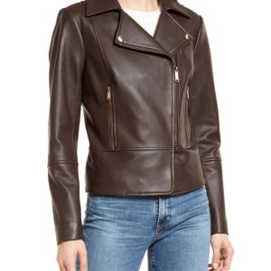 Womens Motorcycle Leather Bomber Jacket Brown