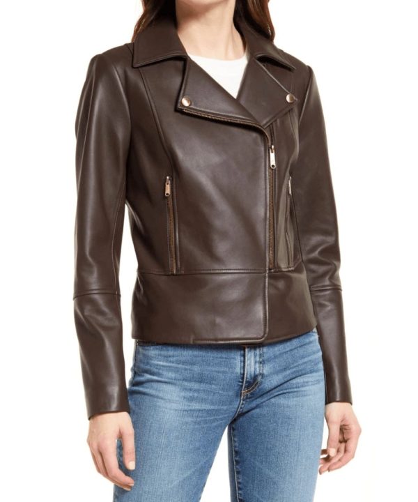 Womens Motorcycle Leather Bomber Jacket Brown