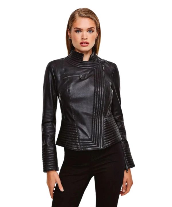 Womens Motorcycle Sheepskin Black Leather Biker Jacket