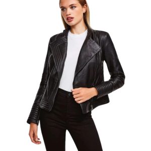 Womens Motorcycle Sheepskin Leather Biker Jacket Black